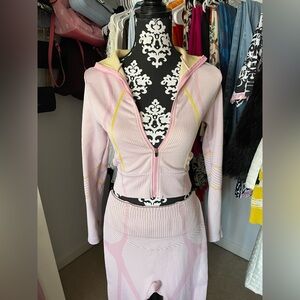 New Mix Pink and Yellow Ribbed Zip Hoodie and Skirt Set